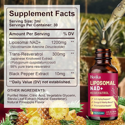 Liposomal NAD Supplement - 1200mg NAD+ Liquid Drops for Women & Men with Resveratrol, Black Pepper Extract - Support Anti-Aging, Brain & Cellular Mitochondrial Health - 2 Fl Oz, Pineapple Flavor