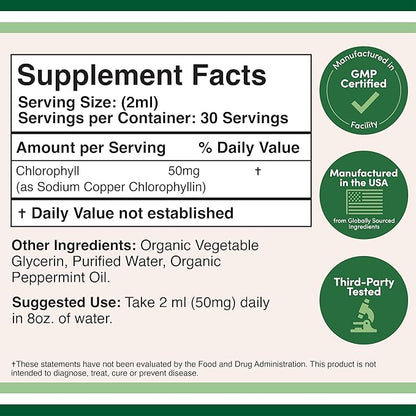 Chlorophyll Liquid Drops - Peppermint Flavored, Vegan Safe (Rich, Full Texture and Taste, Not Watered Down) for Skin Health, and Immune Function (Líquidas de Clorofila) by Double Wood