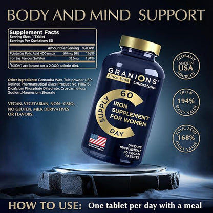 Vegan Iron Supplements for Women - 194% Daily Womens Iron Supplement for Pregnancy and Anemia Folic Acid Prenatal Vitamins - 168% Folate Folic Acid - 60 Tablets