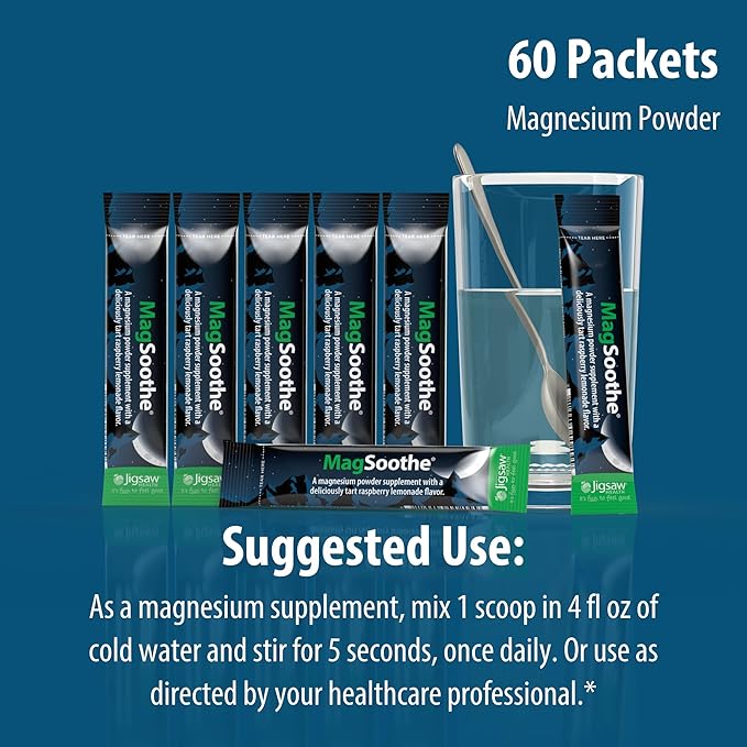 Jigsaw Health MagSoothe | Fast-Acting, Calming Magnesium Glycinate Powder Supplement | Raspberry Lemonade Flavor | 60 Servings (Packets)