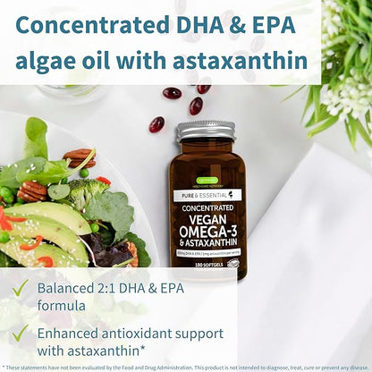 Igennus Vegan Omega-3 Natural Triglyceride Algae Oil, DHA & EPA Fatty Acid Supplement, 180 Small Softgels with Astaxanthin, Easy-to-Swallow, Pure & Sustainable, 90 Servings