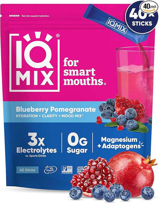 IQMIX Hydration Electrolyte Powder – 4-in-1 Formula for Hydration, Mental Clarity, Mood and Recovery – Sugar-Free Drink Mix, Keto, Magnesium L-Threonate, Lion’s Mane – 40 Count Blueberry Pomegranate