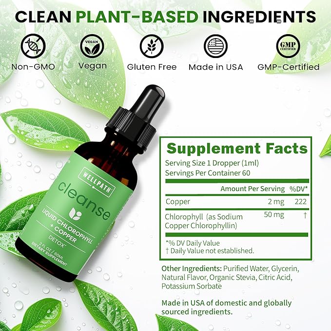 WellPath Chlorophyll Liquid Drops with Copper - High Potency Vegan Liquid Chlorophyll for Body Odor, Liver Detox, Digestion Support & Immune Support - Internal Deodorant, Made in USA, Non-GMO, 2 Fl Oz