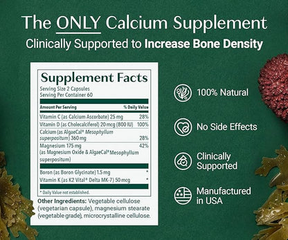 ALGAECAL Plus - Organic Red Algae Calcium Supplement, Vitamin K2 MK7 (100mg), Vitamin D3 (1600 IU), Magnesium (350mg) & Trace Minerals, for Bone Health & Strength, 120 Veggie Caps, 3 Pack