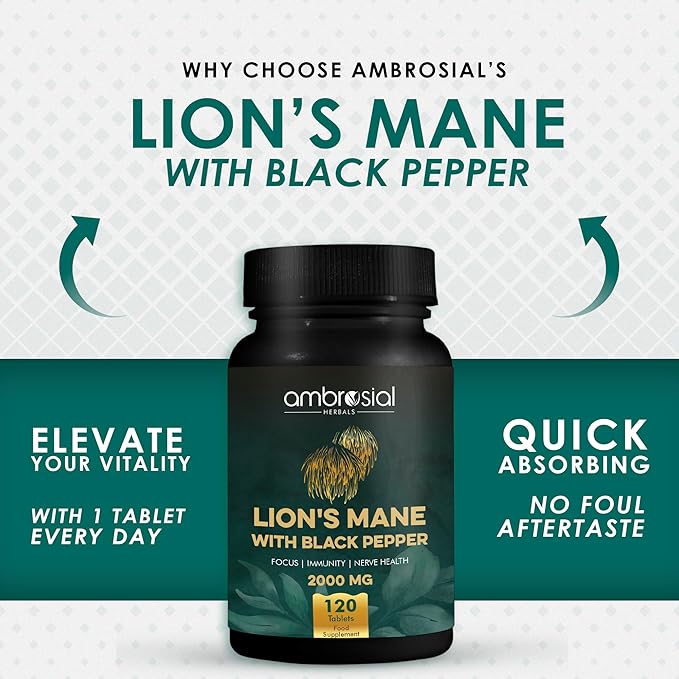 AMBROSIAL Lion's Mane with Black Pepper - 2000 mg Pack of 1-120 Tablets