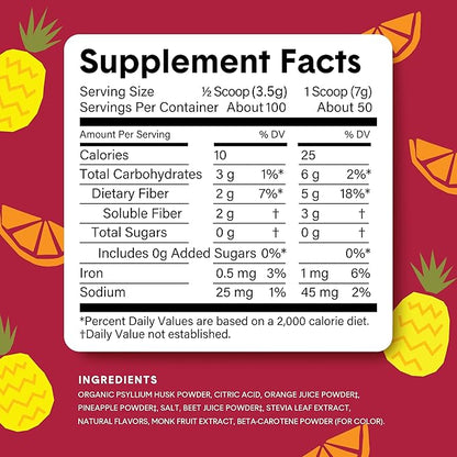 Bellway Super Fiber Powder + Fruit, Sugar Free Organic Psyllium Husk Powder Fiber Supplement for Regularity, Bloating Relief & Gut Health, Non-GMO, Plant-Based, Fruit Punch (50 Servings)