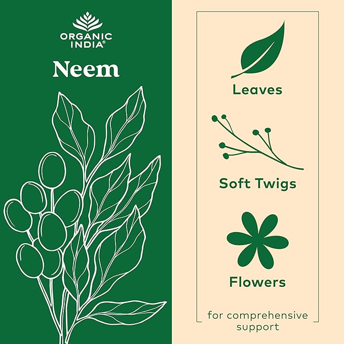 ORGANIC INDIA Neem Leaf Capsules, Herbal Supplement - Supports Skin, Immune, & Liver Health, Detox, Vegan, Gluten-Free, USDA Certified Organic - 90 Capsules (2-Pack)