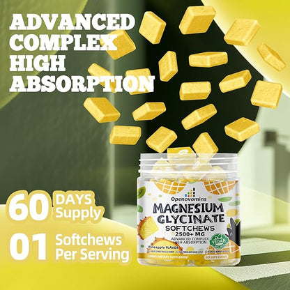 Magnesium Glycinate Soft Chews, Pineapple Flavor.Chewable Sugar Free Potassium Magnesium Chews with Magnesium Glycinate, Vitamin D, B6, and CoQ10 for Calm Support & Sleep for Adults, 60 Days Supply
