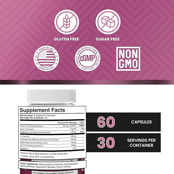 Natural Sleep Aid for Adults, Sleep Supplement, Natural Calm, Melatonin with L-Theanine, Magnesium Glycinate, Ashwagandha, GABA, 5-HTP, Vitamin D & Niacin (30 Day Supply)