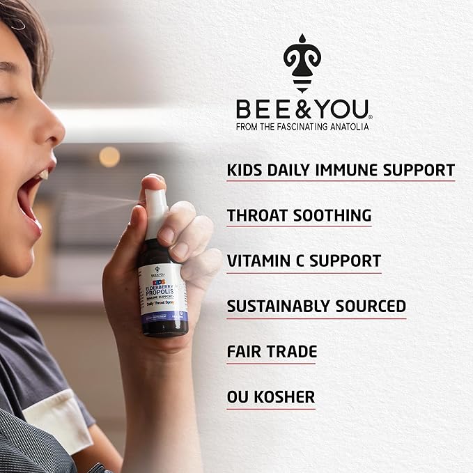 Bee and You, Kids Immune Support Supplement Throat Spray, Elderberry, Raw Honey, Propolis Extract, Vitamin C, Strawberry Juice, Antioxidants, Sore Throat Relief, 1 fl. Oz
