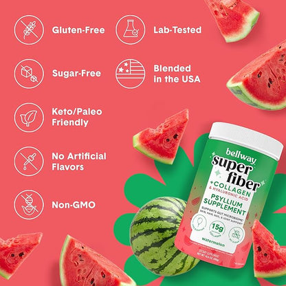 Bellway Super Fiber Powder + Collagen, Sugar-Free Psyllium Husk Powder with Collagen Peptides and Hyaluronic Acid for Gut Health, Healthy Skin, Nails, Bones & Joints, Watermelon (10.6 oz)