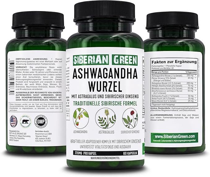 Organic Ashwagandha Root with Astragalus & Siberian Eleuthero Ginseng Complex 60 Capsules Powerful Herbal Support