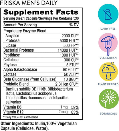 FRISKA Men’s Daily Digestive Enzyme and Probiotics Supplement, Natural Support for Male Digestive Health, Bloating, Gas, Indigestion Relief, Supports Gut Health, Lactase and B-Vitamins, 30 Capsules