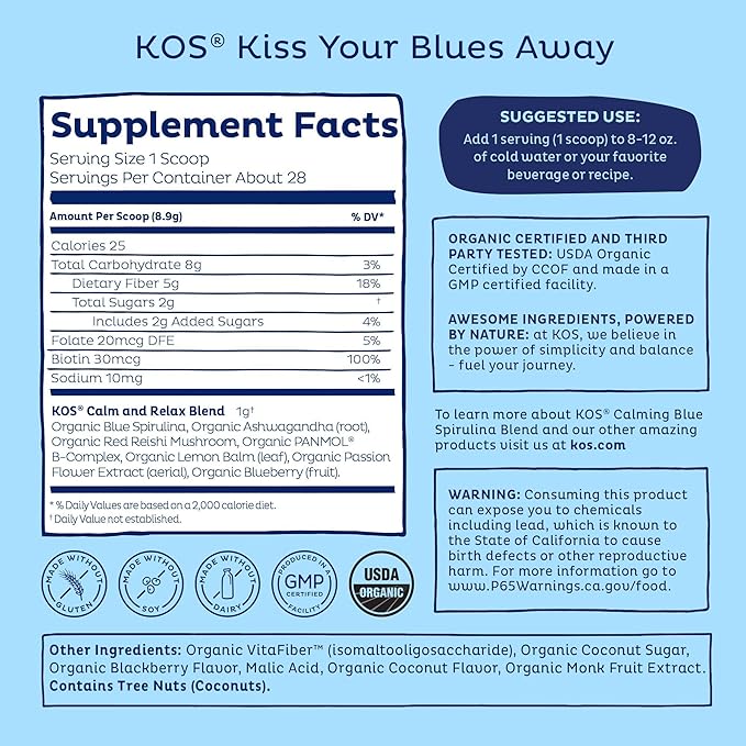 KOS Calming Blue Spirulina Blend- USDA Certified Organic - Algae Superfood Powder with Ashwagandha Root, Lemon Balm, Reishi Mushroom, B Vitamins - Berry Coconut Cooler Flavor, 28 Servings
