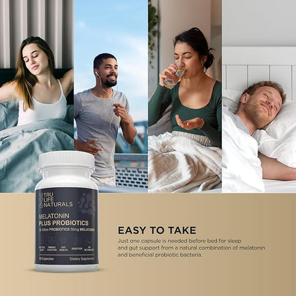 Melatonin 50mg Plus Probiotics 30 Bill CFU/Better Sleep/Night Formula/Sleep Support Supplement & Balanced Gut Health - Easy to Take | Supports Digestive & Immune System Function