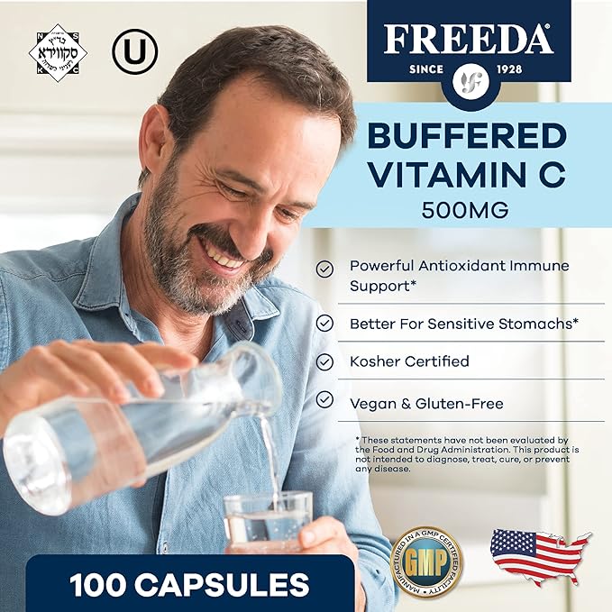 FREEDA Buffered Vitamin C 500mg – Kosher High-Potency Antioxidant & Immune Support – Gentle on The Stomach Calcium Ascorbate – 100 Capsules