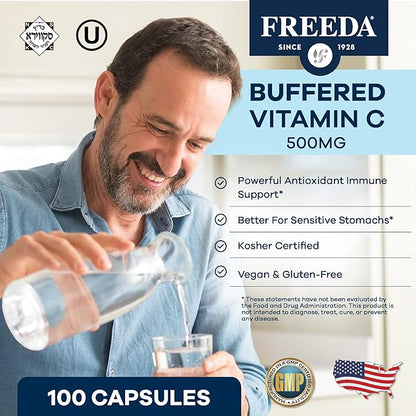 FREEDA Buffered Vitamin C 500mg – Kosher High-Potency Antioxidant & Immune Support – Gentle on The Stomach Calcium Ascorbate – 100 Capsules