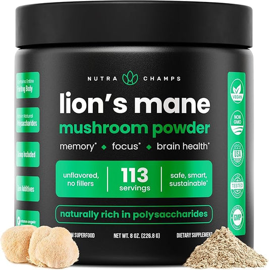 NutraChamps Organic Mushroom Powder - 10-in-1 Complex - Mushroom Supplement Powder Blend for Memory, Focus & Immune Support - 8oz (8.0 OZ, Lion's Mane)