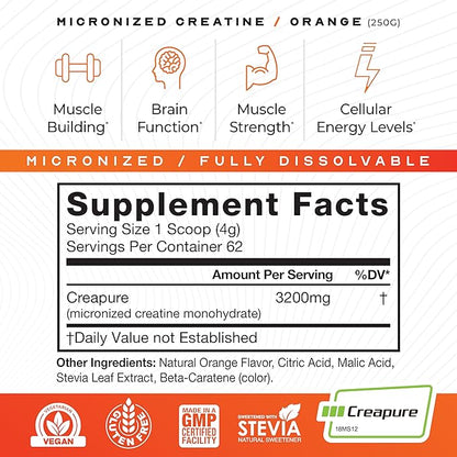 Muscle Feast Creapure Micro - Micronized Creatine Monohydrate Powder | Premium Pre-Workout or Post-Workout | Easy to Mix, Gluten-Free, Safe and Pure, (Orange, 250g)