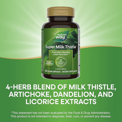 Nature's Way Super Milk Thistle, Promotes Healthy Liver Function*, with Artichoke Leaf, Dandelion Root & Licorice Root Extracts, Milk Thistle Extract, 120 Capsules (Packaging May Vary) – 2 Pack