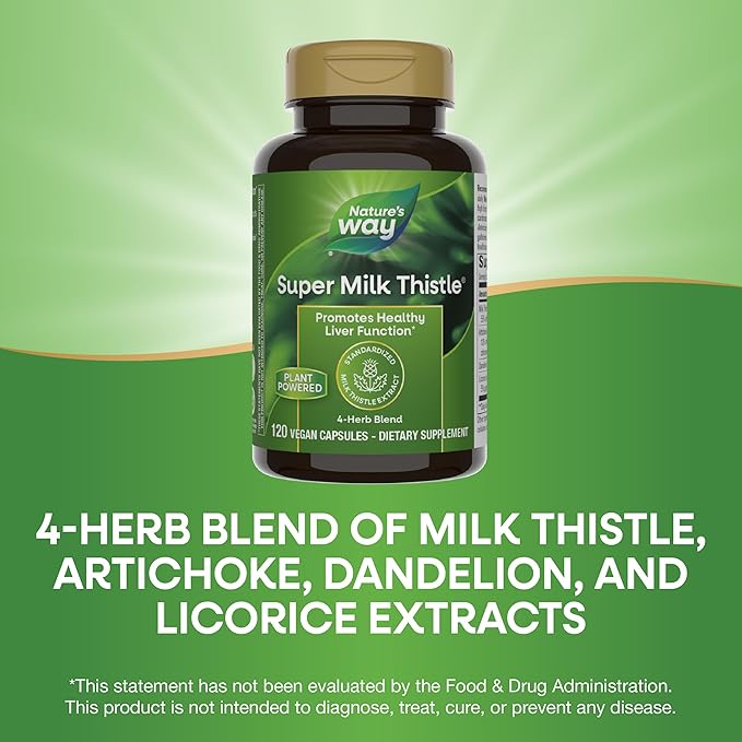 Nature's Way Super Milk Thistle, Promotes Healthy Liver Function*, With Artichoke Leaf, Dandelion Root & Licorice Root Extracts, Milk Thistle Extract, Gluten Free, 120 Capsules (Packaging May Vary)