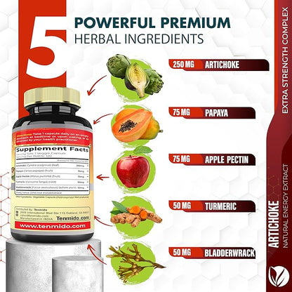 Artichoke Supplement Extract Capsules, 4 Months Supply with Papaya, Apple Pectin, Turmeric Curcumin, Bladderwrack - Supports Digestion Function - 120 Vegan Capsules