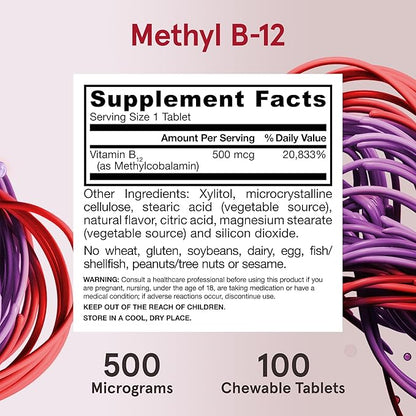 Jarrow Formulas® Methyl B-12 Tablets, 500 mg, Dietary Supplement For Cellular Energy Production and Brain Health Support, 100 Cherry Flavor Chewable Tablets, 100 Day Supply