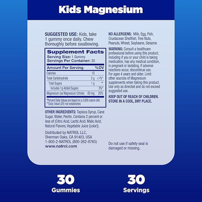 Natrol Kids Magnesium Citrate Gummies, Gently Calm and Relax Little Minds and Bodies, Plus Support Healthy Muscle Relaxation and Function, 30 Razzilicious Gummies, Up to a 30 Day Supply
