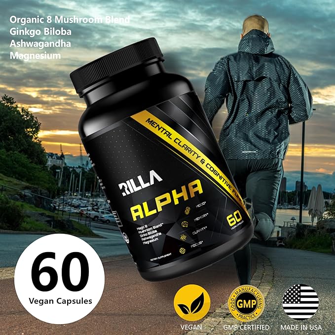 RILLA, Alpha Nootropic Brain Supplement for Focus Clarity Memory Mood, 8 Mushroom Blend, Ginkgo Biloba, Ashwagandha, Magnesium for Natural Energy, Memory, Caffeine-Free for Concentration