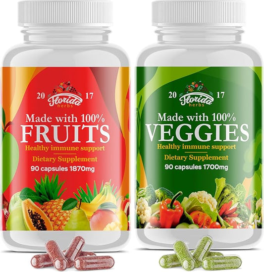 Fruits and Vegetables Supplement - 90 Fruit and 90 Veggie Capsules - Nature Vitamins, Balance of Fruits and Veggies Supports Energy Balance, Soy Free, Vegan Capsules - 90 Count (Pack of 2)
