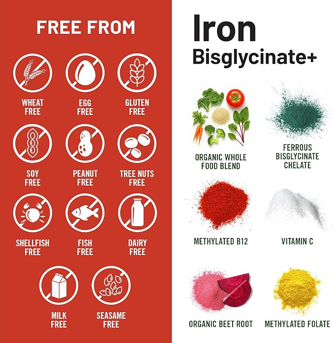 NatureWise Vegan Iron Supplement for Women & Men - Gentle on Stomach High Absorption - Coated Iron Bisglycinate Tablets + Vitamin C, Methyl B12, Folate & Organic Food Blend - 30 Tablets[30-Day Supply]