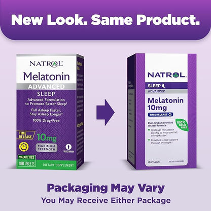 Natrol Advanced Sleep Melatonin 10mg, Dietary Supplement for Restful Sleep, Time Release Melatonin Tablets, 100 Time-Release Tablets, 100 Day Supply (Pack of 12)