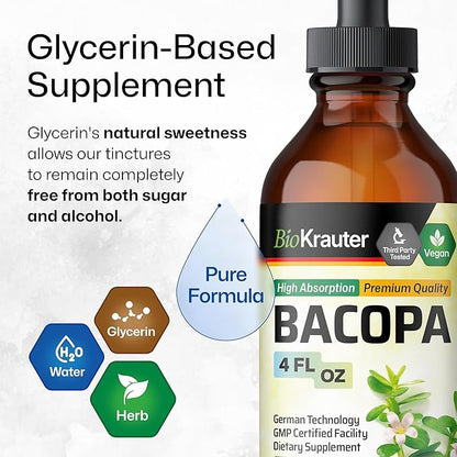 BIO KRAUTER Bacopa Monnieri Supplement Liquid - Brain Support Brahmi - Alcohol & Sugar Free Liquid Bacopa Herb Drops 4 Fl.Oz.