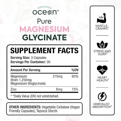 Pure Magnesium Glycinate with Zinc - Maximum Strength Chelated Magnesium Supplement for Women and Men for Muscle Cramps and Sleep Support - 6 Bottles
