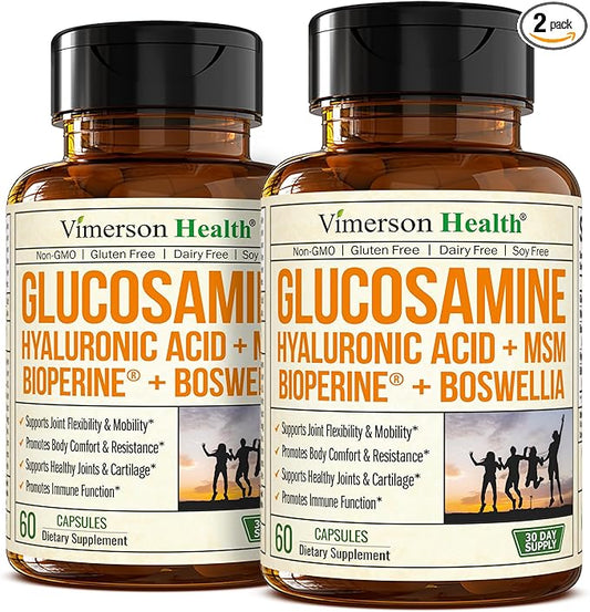 Glucosamine Sulfate with Hyaluronic Acid, Bioperine, MSM & Boswellia. 5-in-One Joint Support Supplement. Antioxidant & Inflammatory Support - Joint Health, Flexibility and Comfort. 2 Pack