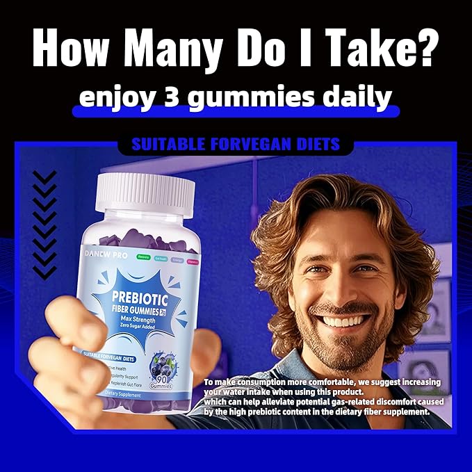 Prebiotic Fiber Gummies for Adults, 7G Extra Strength, Zero Sugar Added, 90 Pectin Based Gummies, Digestive Health & Regularity Support-Blueberry-2PACK