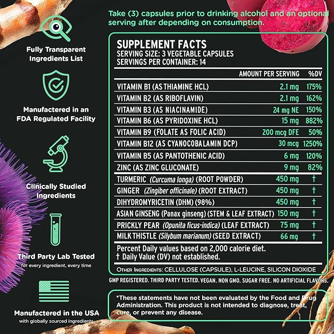 Super Recovery Capsules for Post Celebration and Morning Relief - All Natural Holistic Support - 3 Capsules Taken Before Drinking and an Optional Serving After (42 Servings)