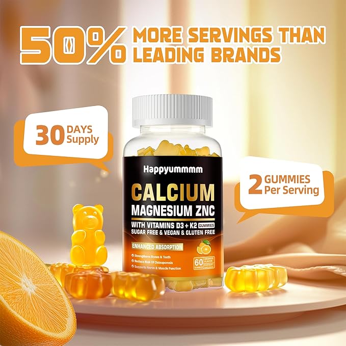 Calcium Magnesium Zinc Gummies with Vitamin D3 & K2 - High Potency Enhanced Absorption -60 Orange Gummies Flavored.