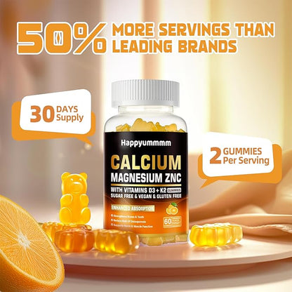 Calcium Magnesium Zinc Gummies with Vitamin D3 & K2 - High Potency Enhanced Absorption -60 Orange Gummies Flavored.