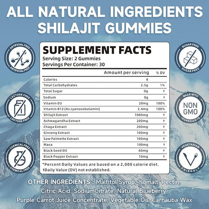 2 Packs Shilajit Gummies 1000mg Sugar Free - Pure Himalayan Shilajit Supplement for Men & Women - High in 85+ Trace Minerals & Fulvic Acid - Energy, Brain, Immunity - 120 Gummies