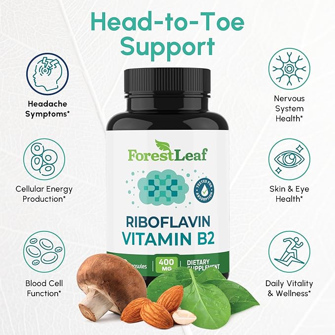 ForestLeaf Vitamin B2 Riboflavin 400mg - Energy, Skin & Cellular Health Supplement - Nervous System Support - Vitamin B 2 VIT B - Non-GMO & Gluten Free - B2 Vitamin 400mg Vegetable Capsules, 90 Count