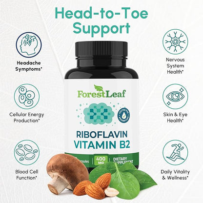 ForestLeaf Vitamin B2 Riboflavin 400mg - Energy, Skin & Cellular Health Supplement - Nervous System Support - Vitamin B 2 VIT B - Non-GMO & Gluten Free - B2 Vitamin 400mg Vegetable Capsules, 90 Count