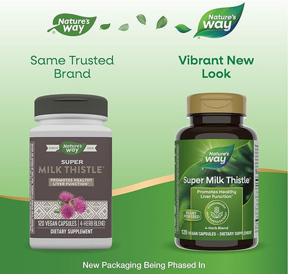 Nature's Way Super Milk Thistle, Promotes Healthy Liver Function*, With Artichoke Leaf, Dandelion Root & Licorice Root Extracts, Milk Thistle Extract, Gluten Free, 120 Capsules (Packaging May Vary)