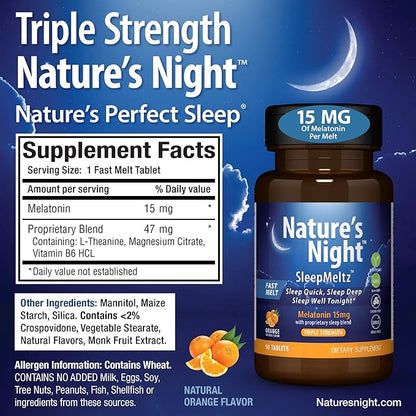 Nature's Night Triple Strength Quick Dissolve Melatonin 15mg with Supportive Blend | Natural Orange Flavor | 90 Count | Sugar Free, Vegan, Non-GMO, Drug Free