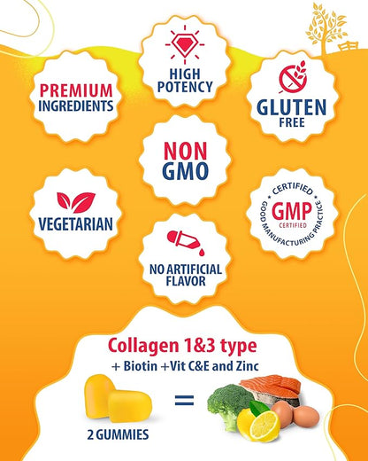 SUNNY SAM Biotin Collagen Gummies for Women & Girls - Low Sugar 60 Chewable Beauty Collagen Gummies for Enhanced Hair Skin and Nails - Biotin, Vitamin A, Zinc Supplement - Natural Lemon Flavor