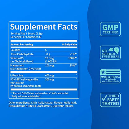 Supercalm Powdered Drink Mix, Lemon Lime, L Theanine, Ksm-66 Ashwagandha, Magnesium Glycinate, Vitamin D 3, Supplements for Relaxation & Focus, Natural, No Sugar, Non GMO, 30 Srvgs
