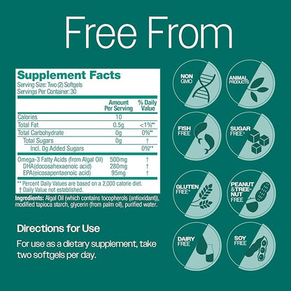 OVEGA-3 Plant-Based Omega-3 from Algal Oil Daily Supplement, 500mg, Supports Brain, Eye & Heart Health, Two Mini softgels per Day, 60 Count (Pack of 2)