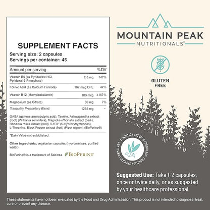 Mountain Peak Nutritionals Tranquility Formula - Supports Brain Health, Sleep & Stress Management - Vitamin B6, Vitamin B12 and Adaptogens - Hypoallergenic Dietary Supplement (90 Vegetarian Capsules)