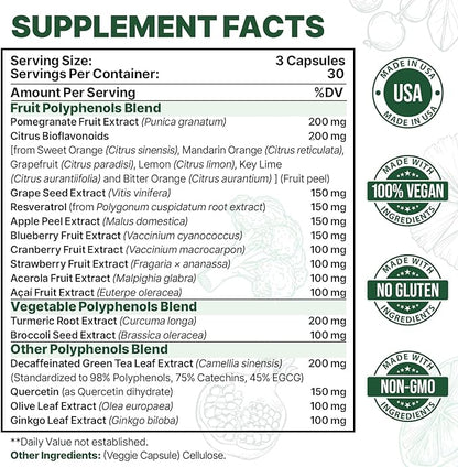 2250 MG Polyphenols Supplement Over 20 Fruits,Vegetables & Polyphenols,Quercetin,Resveratrol,Turmeric,Green Tea,Powerful Antioxidants,Polyphenols for Age Defense,Immune System,90 Capsules
