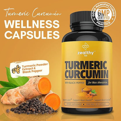 Turmeric Curcumin with Black Pepper – Non-GMO, Organic Turmeric Supplement for Joint Support & Inflammation, Zealthy Life, 60-Day Supply, 120 Capsules